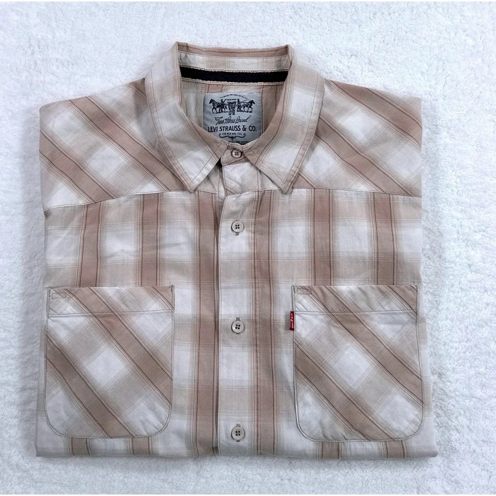 Levis Two Horse Mens Large Tan Cream Western Plaid Button Up Short Sleeve Shirt